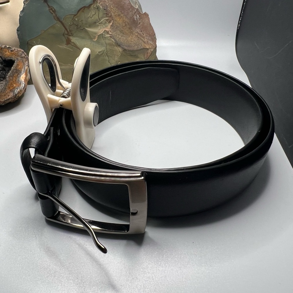 Murano black cowhide leather black belt fixed silver buckle, size 32